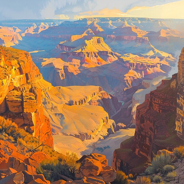 a painting of a canyon with a picture of a canyon and a canyon