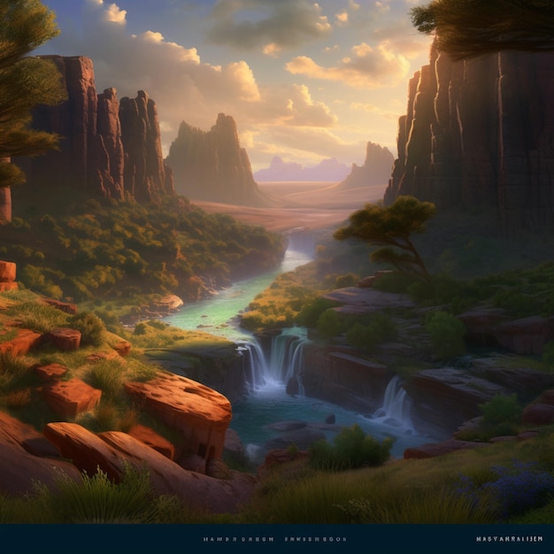 A painting of a canyon with a waterfall in the foreground.