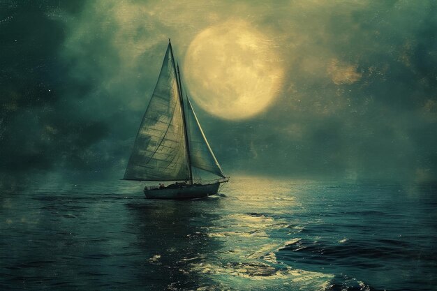 Photo a painting capturing the scene of a sailboat sailing in the ocean with a full moon shining brightly in the background a spectral sailboat forever sailing deserted moonlit seas ai generated