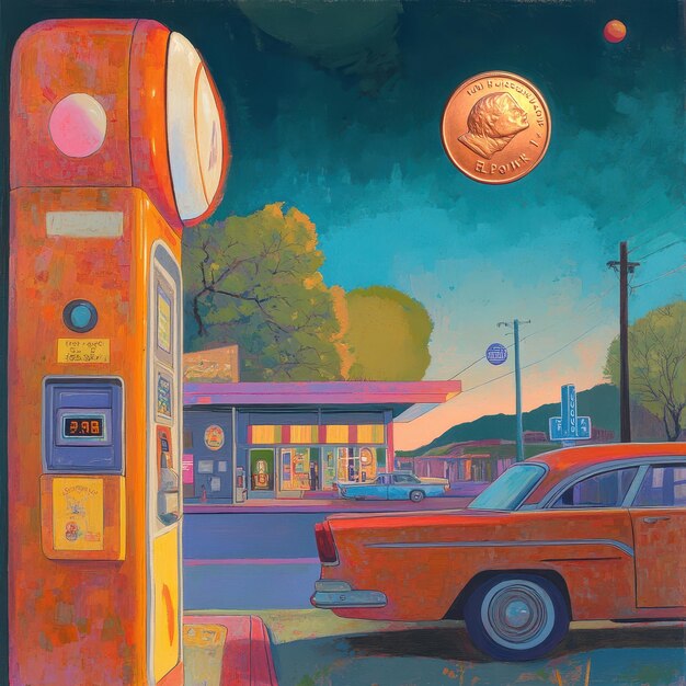 Photo a painting of a car and a coin coin that says  the time of 5  00