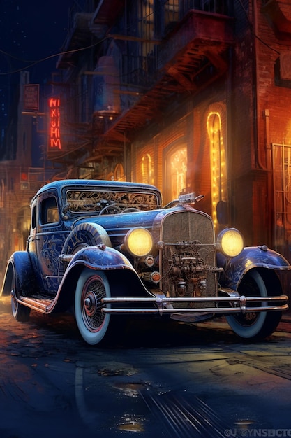 A painting of a car that says " the word hollywood " on the front.