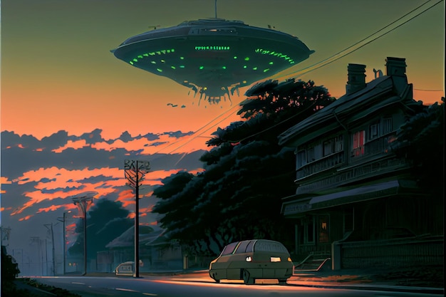 A painting of a car with an alien spaceship flying over a street.