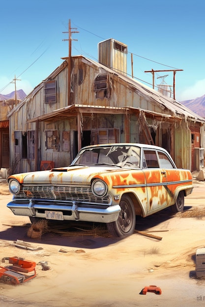 A painting of a car with a flame painted on the hood.