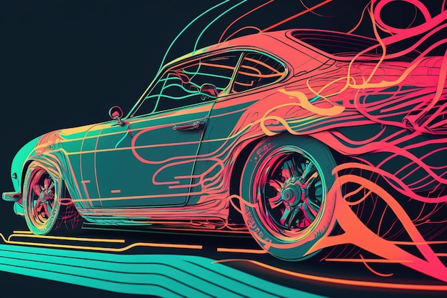 A painting of a car with neon colors on it