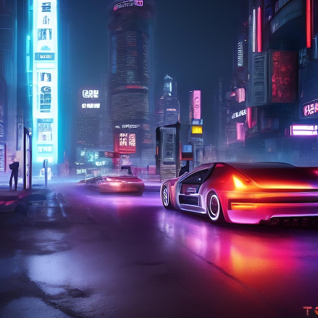 A painting of a car with neon lights on the side of it