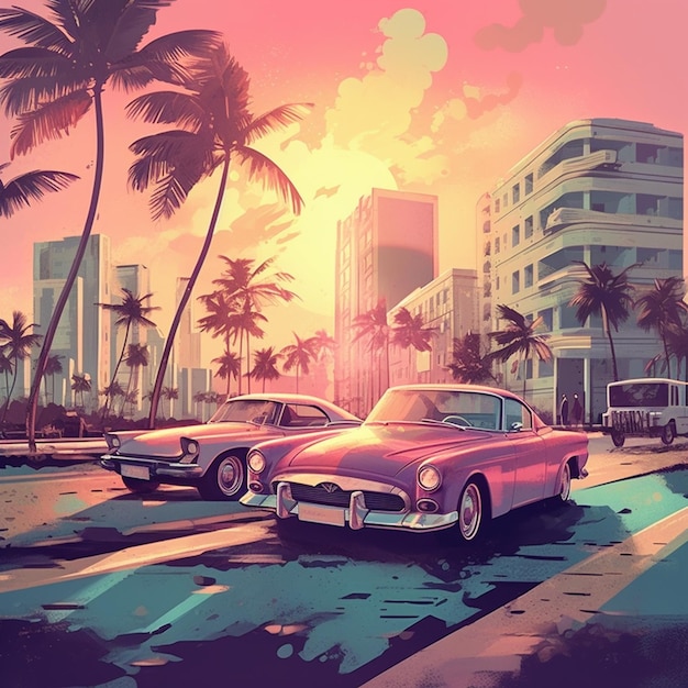 A painting of a car with a pink car in front of palm trees.