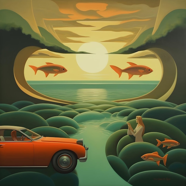 A painting of a car with a red car in the foreground and a fish in the background.