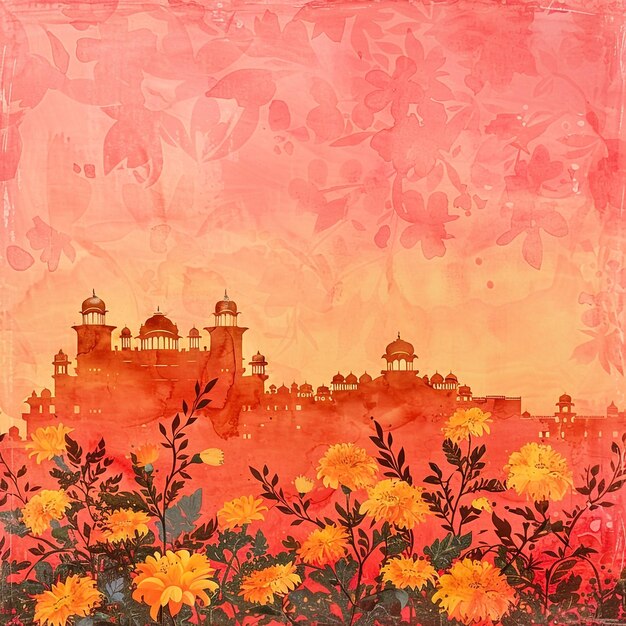 Photo a painting of a castle in the background with flowers