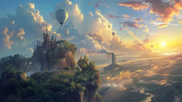 Photo a painting of a castle and a balloon flying over a mountain