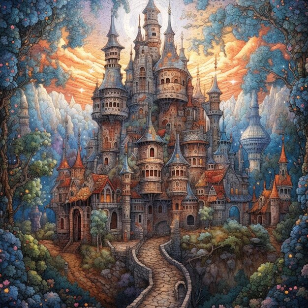 painting of a castle in a forest with a pathway leading to it generative ai