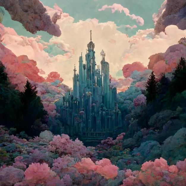 A painting of a castle in the forest