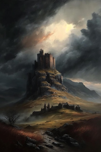 A painting of a castle on a hill with a cloudy sky in the background.