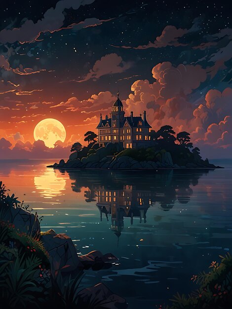 a painting of a castle on a lake with a full moon in the background