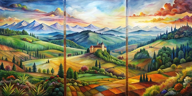 a painting of a castle and the mountains