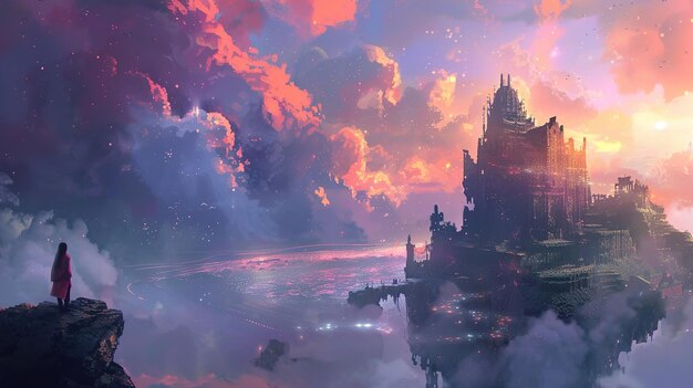 Photo a painting of a castle in the sky with a sunset in the background