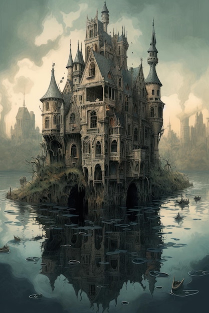 A painting of a castle in the water