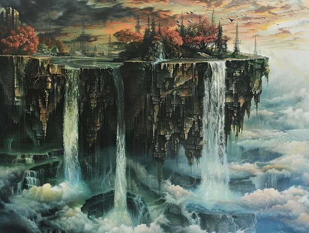 Photo a painting of a castle and a waterfall with a castle on the top