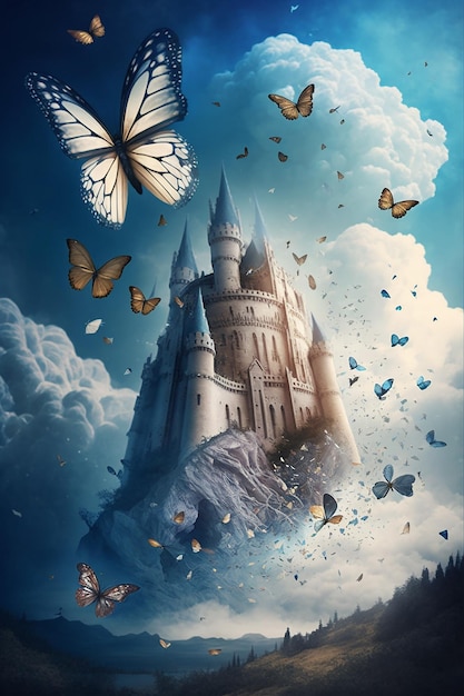 A painting of a castle with butterflies on it