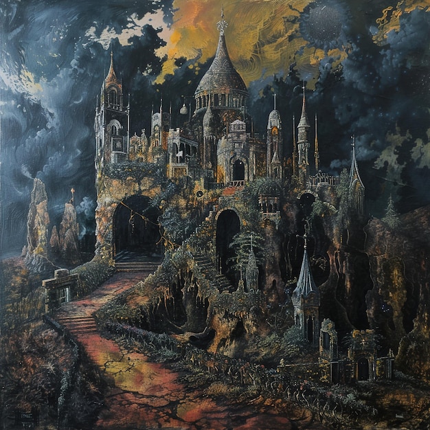 a painting of a castle with a castle in the background