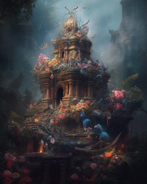 A painting of a castle with flowers on it