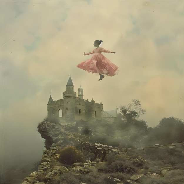 Photo a painting of a castle with a flying bird flying above it