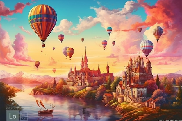 A painting of a castle with a large hot air balloon in the sky.