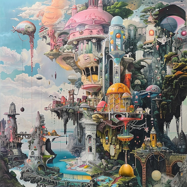 a painting of a castle with a lot of different things in it