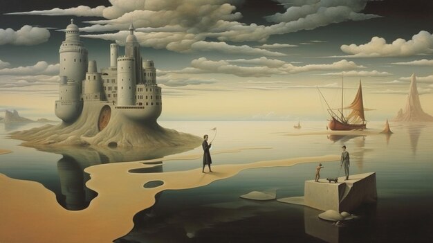 A painting of a castle with a man in a black suit standing on a beach.