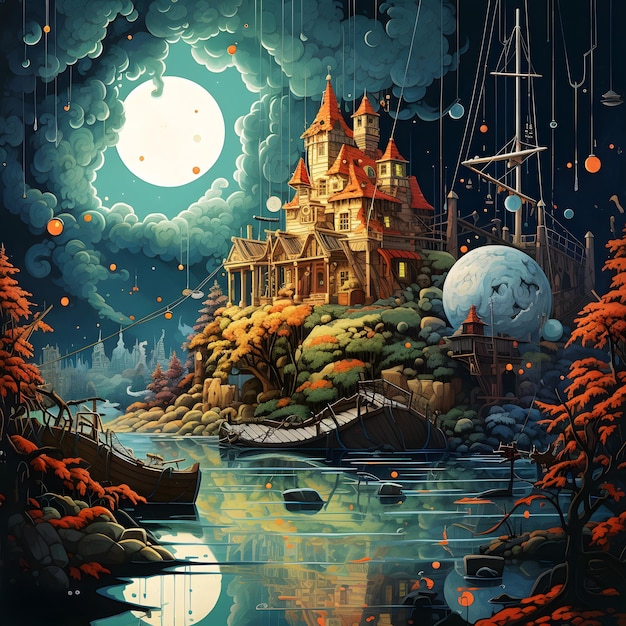 A painting of a castle with a moon and a castle in the background.