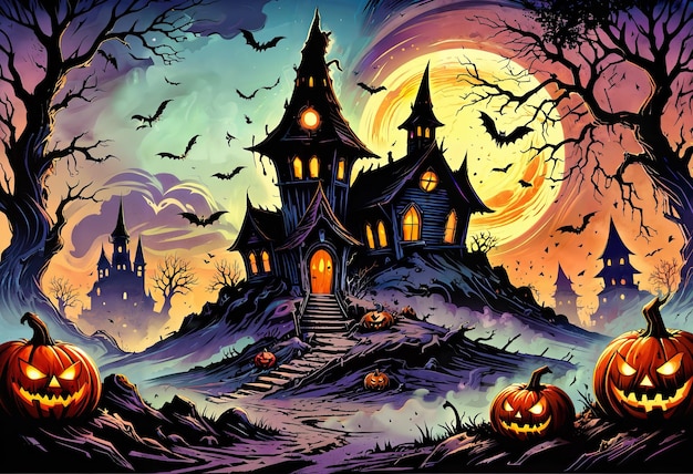 a painting of a castle with a pumpkin on it