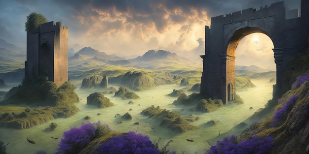 A painting of a castle with a purple sky and mountains in the background.