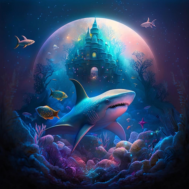 A painting of a castle with a shark and a fish on it