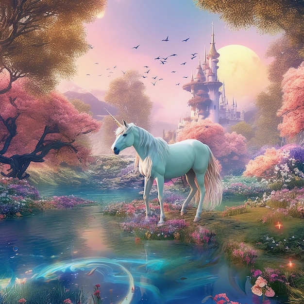 A painting of a castle with a unicorn in it