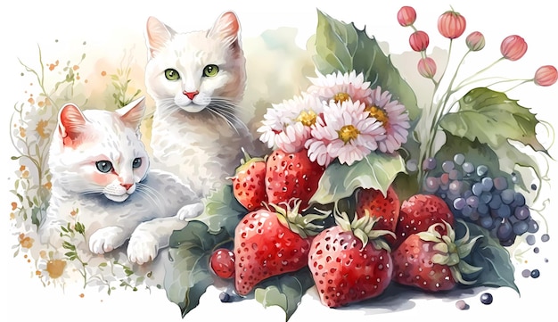 A painting of a cat and a bunch of strawberries