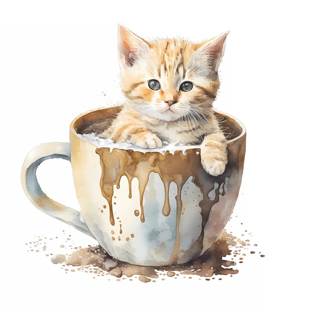 A painting of a cat in a coffee cup