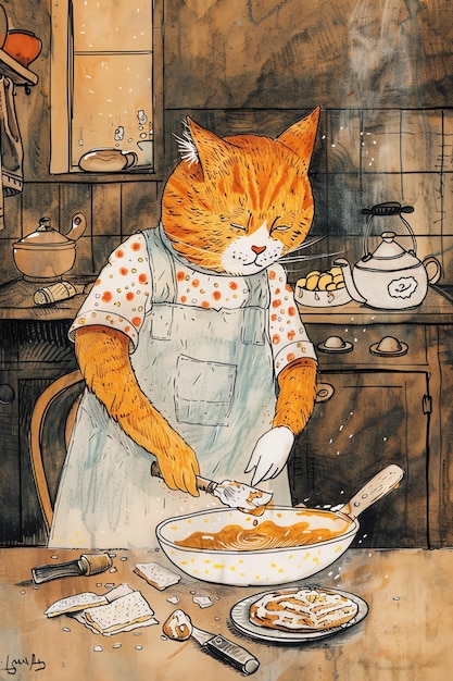 a painting of a cat cooking in a kitchen with a cat cooking