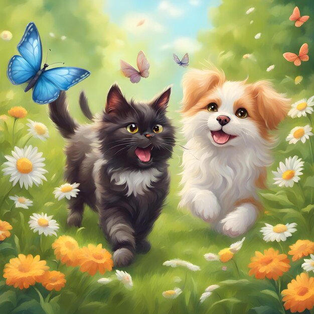 a painting of a cat and a dog with butterflies and butterflies