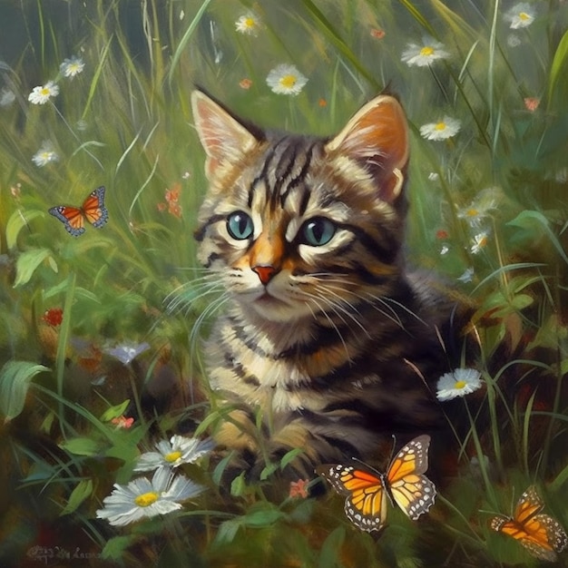 A painting of a cat in a field of daisies