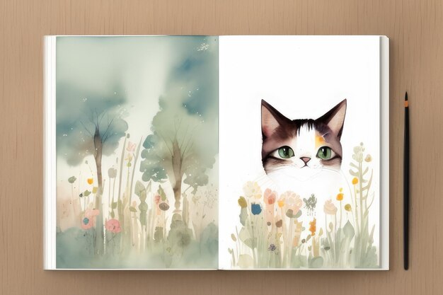 A painting of a cat in a field of flowers