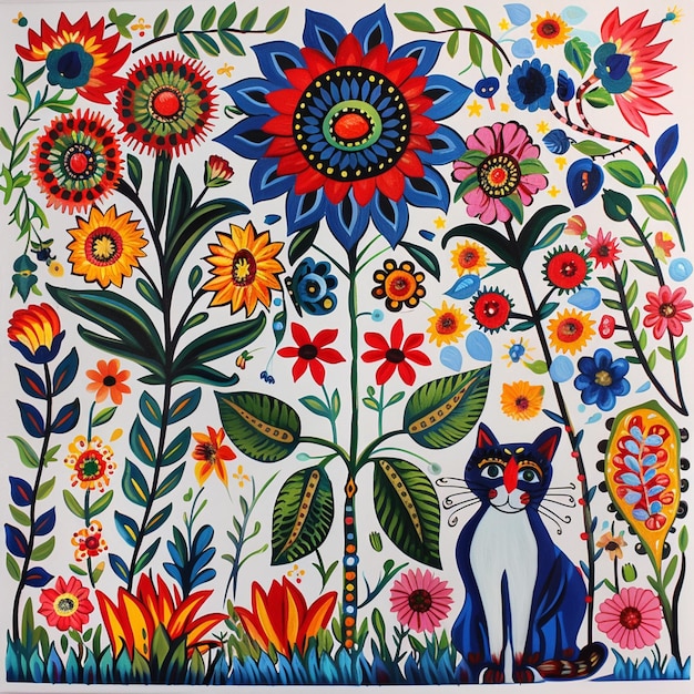 painting of a cat in a garden of flowers with a cat sitting in the grass generative ai