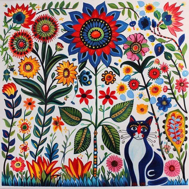 painting of a cat in a garden of flowers with a white background generative ai