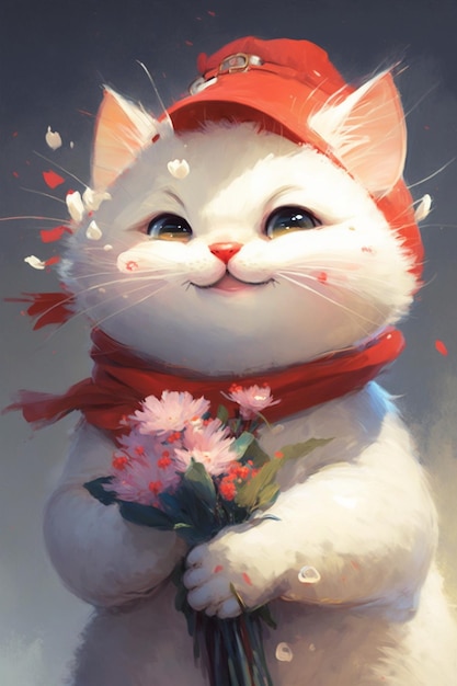 Painting of a cat holding a bunch of flowers generative ai