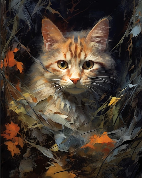 A painting of a cat in a leaf litter.