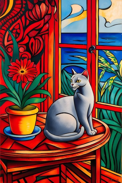 a painting of a cat and a potted plant on a table