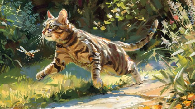 Photo a painting of a cat running on a path with a tree in the background