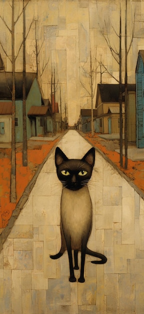 painting of a cat sitting on a brick road in a town generative ai