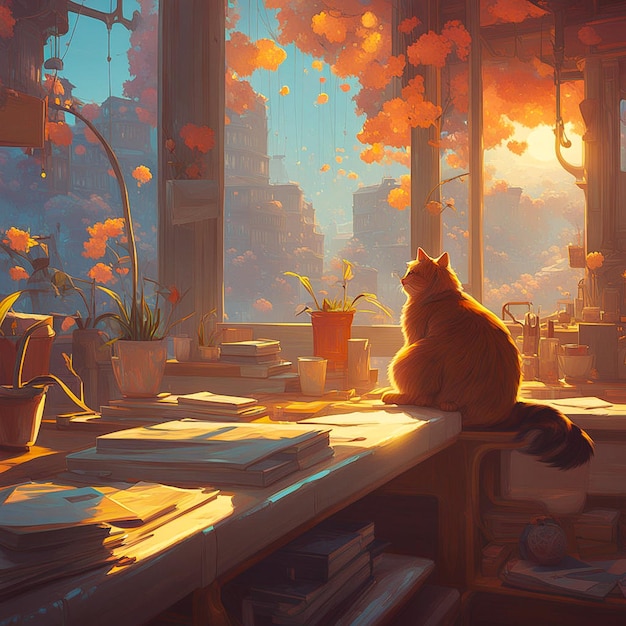 a painting of a cat sitting on a desk with a sunlit sky in the background