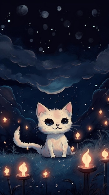 A painting of a cat sitting in a field with a dark sky and the moon in the background.