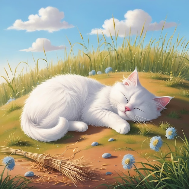 a painting of a cat sleeping in a field with flowers