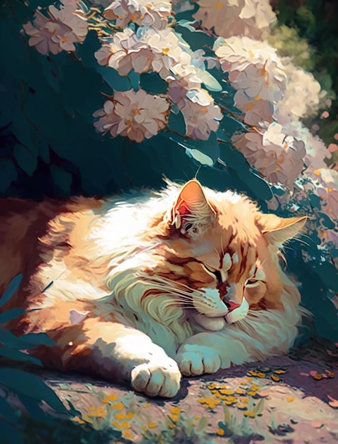 A painting of a cat sleeping in a flower bed.